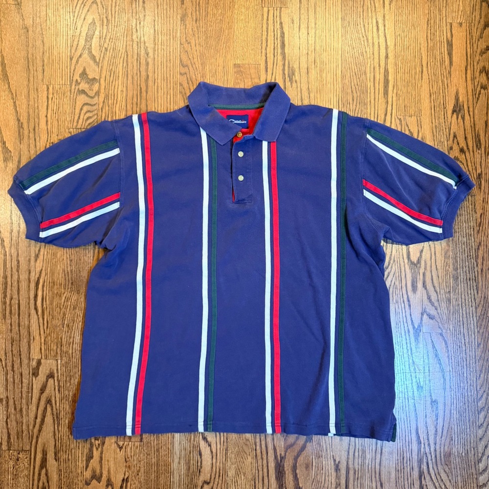 Catalina Striped Pique Polo Shirt Mens Large Navy Blue Red‎ White Green Vintage